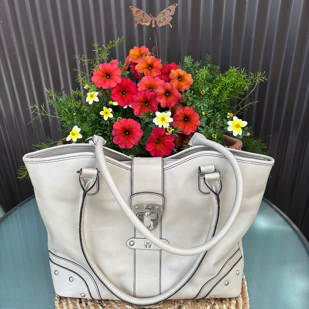 Etienne Aigner Cream Leather Tote with Dark Trim